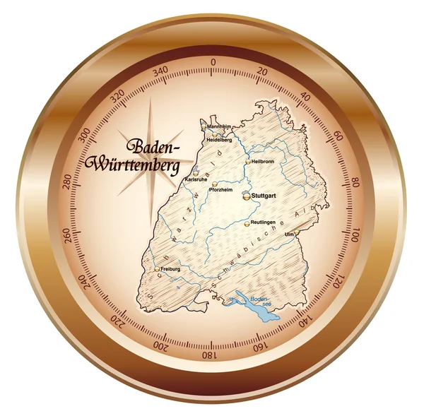 Baden-Württemberg als Kompass in kupfer — Stock Vector