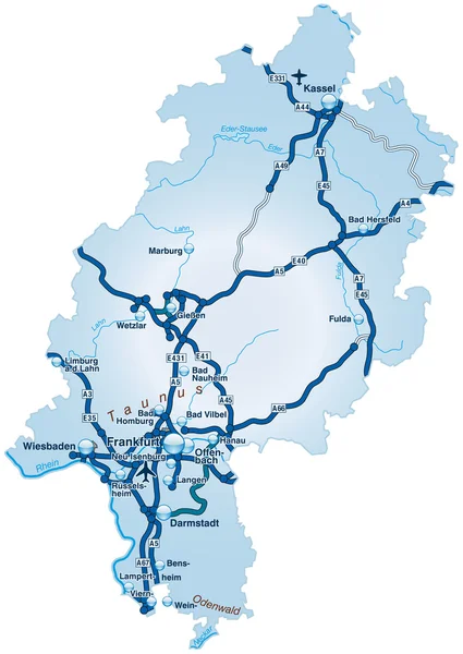 Hessen mit autosnelwegen blau — Stockvector