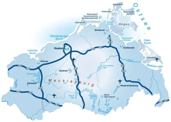 stock vector Mecklenburg-Vorpommern mit Autobahnen blau