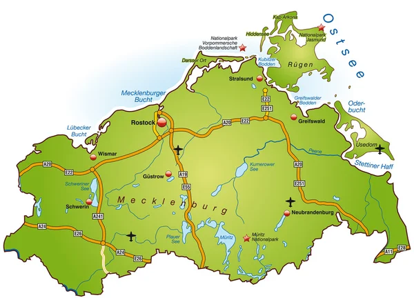 Mecklemburgo-Vorpommern mit Autobahnen bunt — Vector de stock
