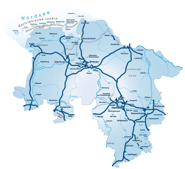 Niedersachsen mit Autobahnen blau — Stockový vektor