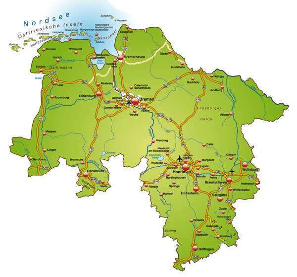 Niedersachsen mit Autobahnen bunt