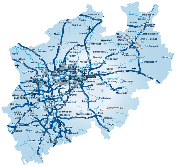 Північний Рейн – Вестфалія mit autobahnen blau — стоковий вектор