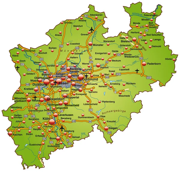 Nordrhein-Westfalen mit Autobahnen bunt — Image vectorielle