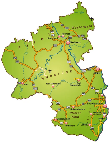 Rheinland-Pfalz Mit Autobahnen bunt — Stockvektor