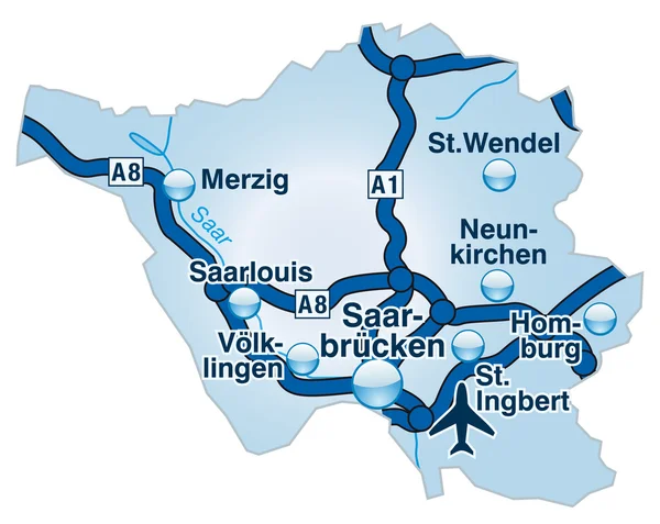 Saarland mit Autobahnen blau — Stock Vector