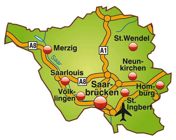Saarland mit Autobahnen bunt — Stock Vector