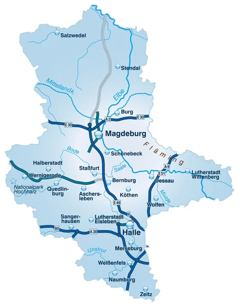 Sachsen Anhalt Mit Autobahnen blau — Stockvektor