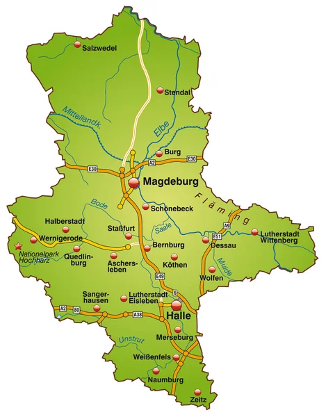 Sachsen-Anhalt mit Autobahnen bunt — Stockový vektor