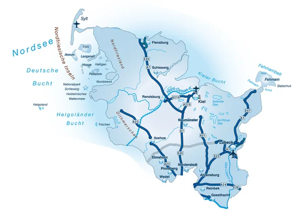 Schleswig-Holstein mit Autobahnen blau — Image vectorielle