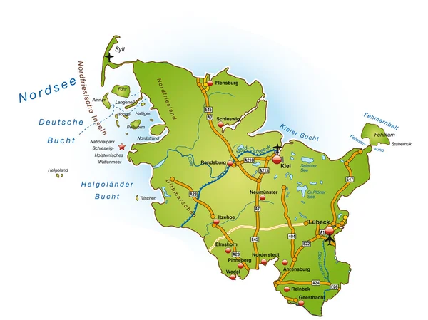 Schleswig-Holstein mit Autobahnen bunt — Stock Vector