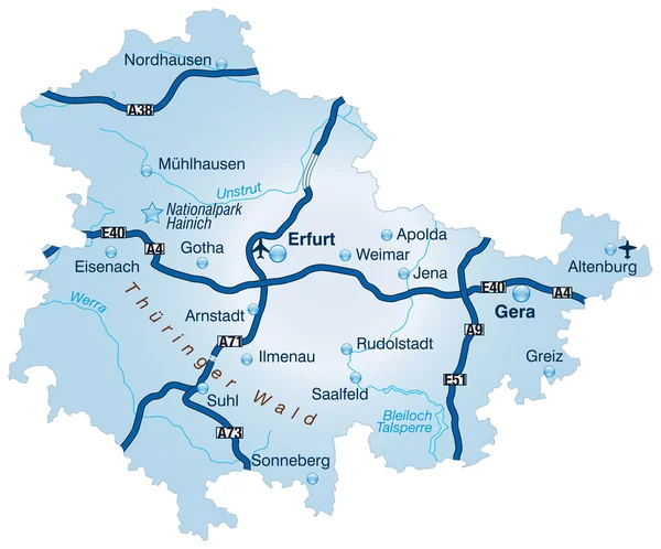 Thüringen mit Autobahnen blau — Stockvektor