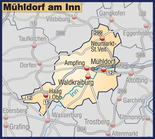 Mühldorf am Inn Umgebungskarte naranja — Archivo Imágenes Vectoriales