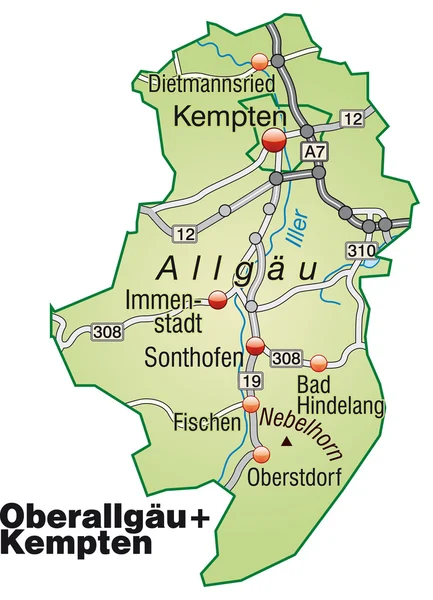 Oberallgäu+Kempten Inselkarte grün — Stockový vektor