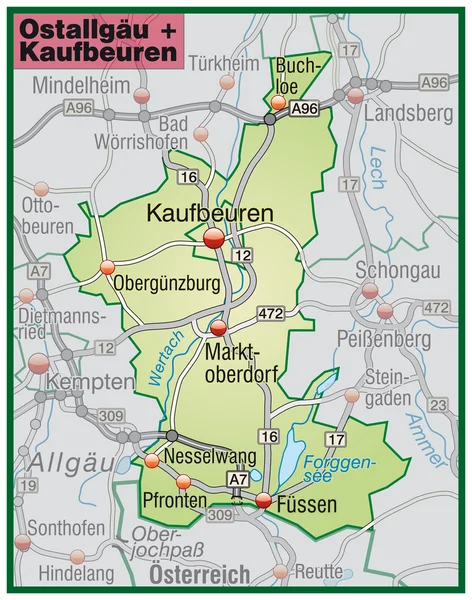 Ostallgäu+Kaufbeuren Umgebungskarte grün — Stockový vektor