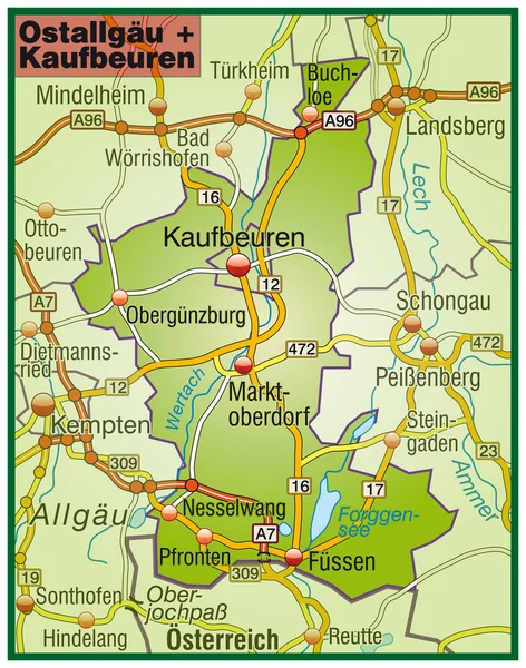 Ostallgäu+Kaufbeuren Umgebungskarte bunt — Stockový vektor