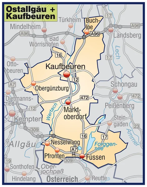 Ostallgäu+Kaufbeuren Umgebungskarte orange — Διανυσματικό Αρχείο