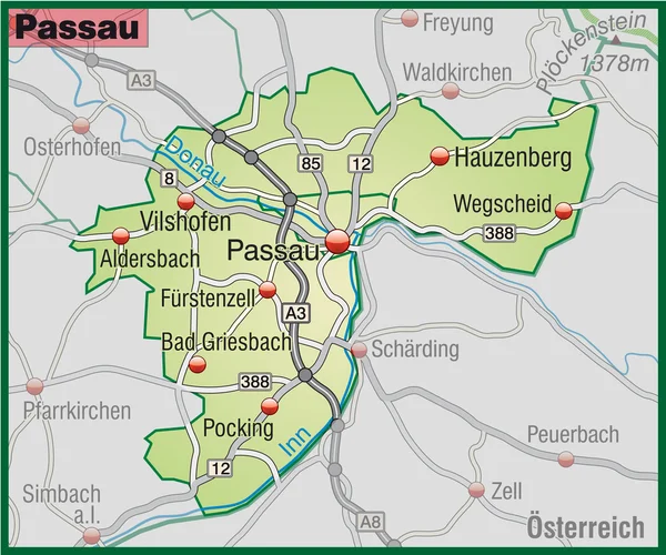Passau Umgebungskarte grün — Stok Vektör