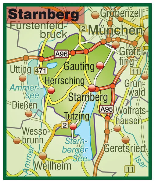 Starnberg Umgebungskarte bunt — Stock Vector