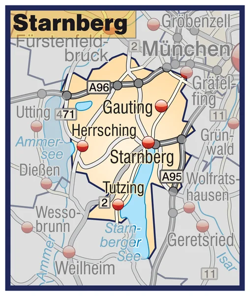 Starnberg Umgebungskarte orange — Stock Vector