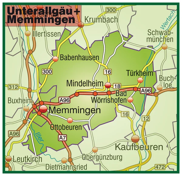 Unterallgäu+Memmingen Umgebungskarte bunt — Stockvector