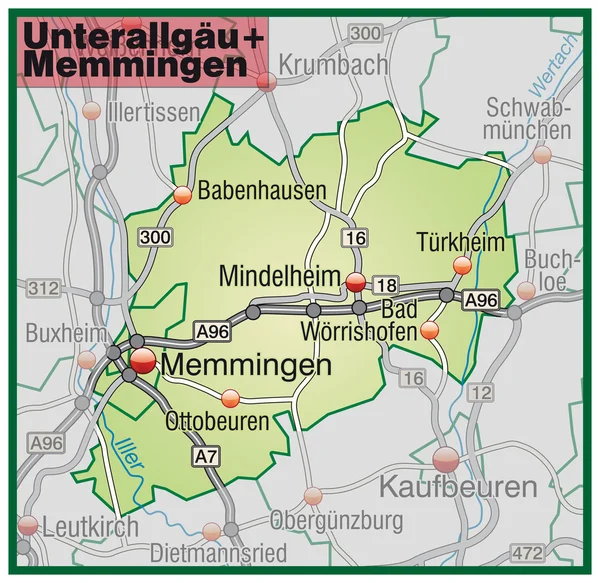Unterallgäu+Memmingen Umgebungskarte grün — Stockvector