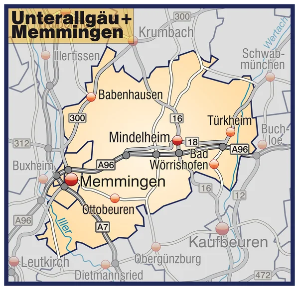Unterallgäu+Memmingen Umgebungskarte orange — Stockvector