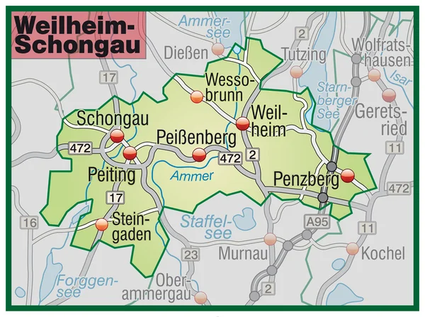 Weilheim-Schongau Umgebungskarte grün — Stock Vector