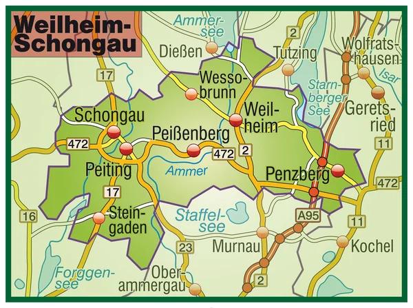 Weilheim-Schongau Umgebungskarte bunt — Stockový vektor