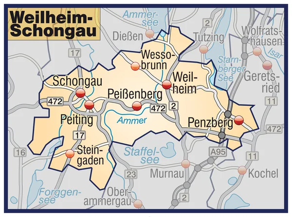Weilheim-Schongau Umgebungskarte naranja — Vector de stock