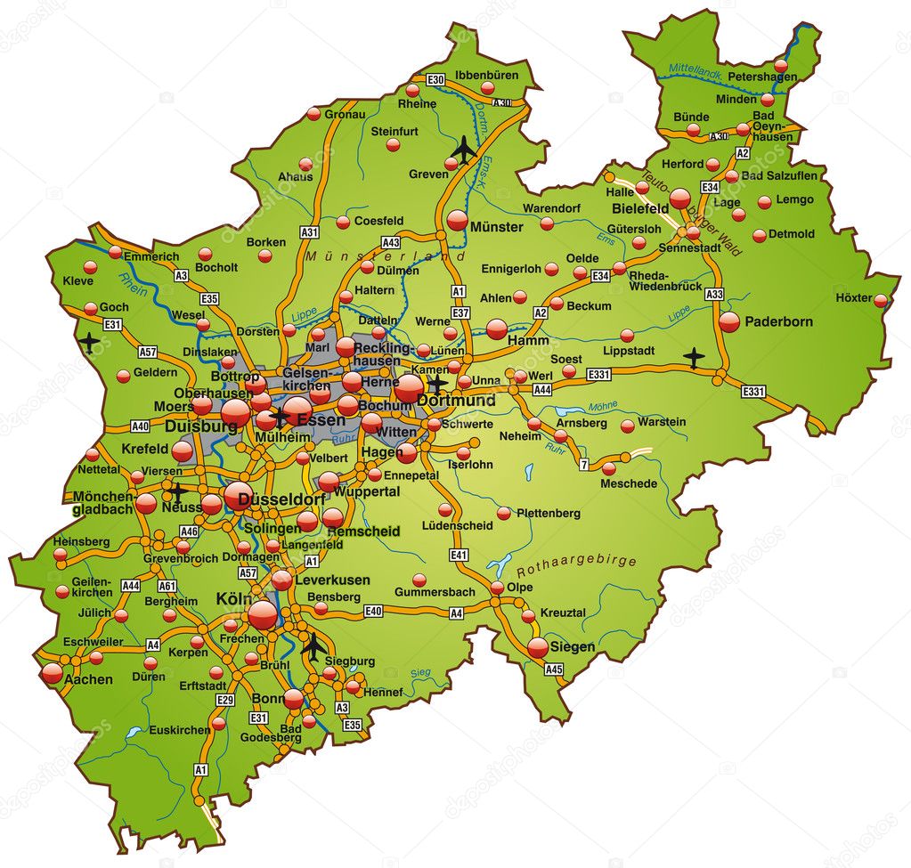 Nordrhein-Westfalen mit Autobahnen bunt