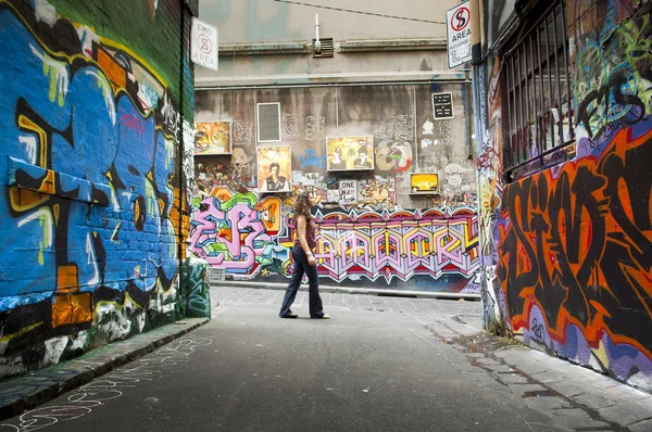 stock image Hosier Lane in Melbourne, Australia, is home to legal graffiti