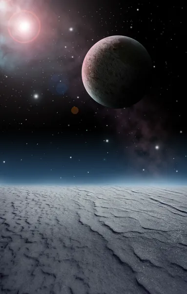 Large moon over icy planet — Stockfoto