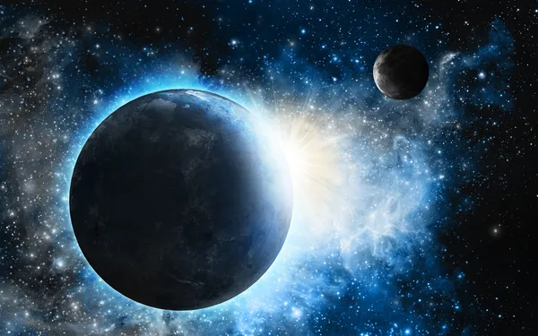 地球と青い星雲と月 — ストック写真
