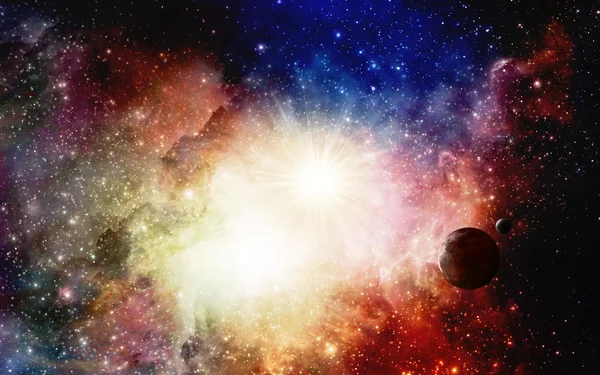 Nebulosa Colorida com Planeta e Lua — Fotografia de Stock