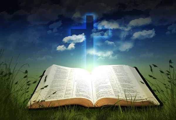 Glowing Bible with Cross — Stock Photo, Image