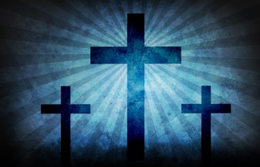 Three crosses on blue grunge with light beams clipart