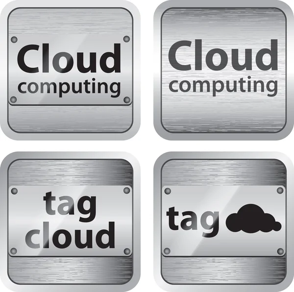 Computación en la nube y etiquetas botones metálicos cepillados en la nube — Vector de stock