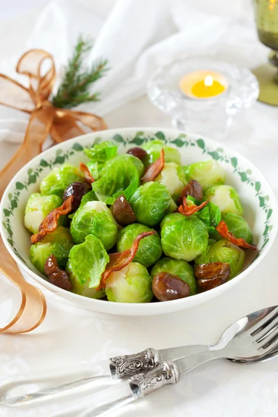 stock image Brussels sprouts with bacon and chestnuts