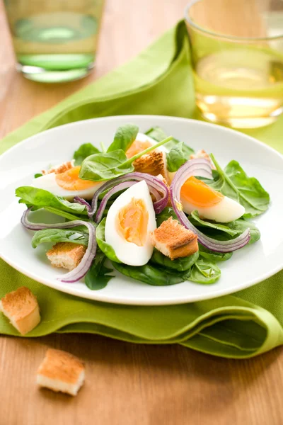 Salát listový špenát, vejce — Stock fotografie