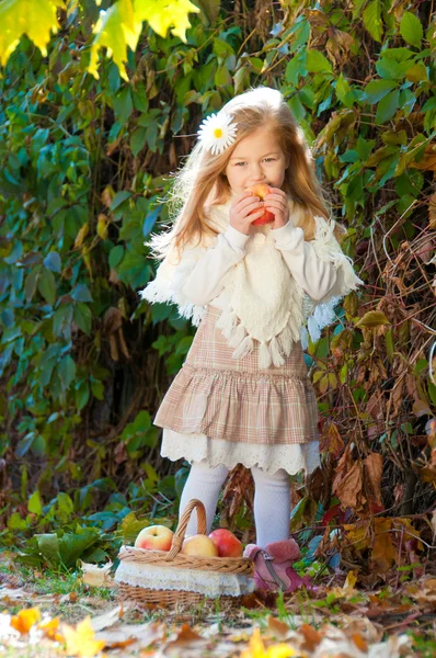 Menina loira de cabelos longos bonita com margarida branca em seu cabelo e uma cesta — Fotografia de Stock