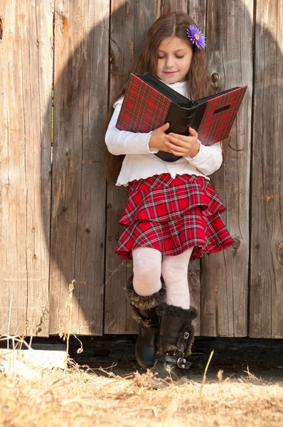 Υπέροχη μακρυμάλλης χαμογελαστό κορίτσι ενάντια σε έναν ξύλινο φράκτη — Φωτογραφία Αρχείου