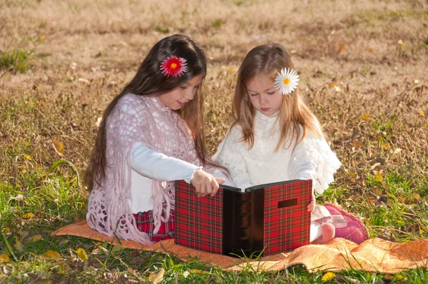 Duas meninas lêem o livro enquanto estão sentadas na grama . — Fotografia de Stock
