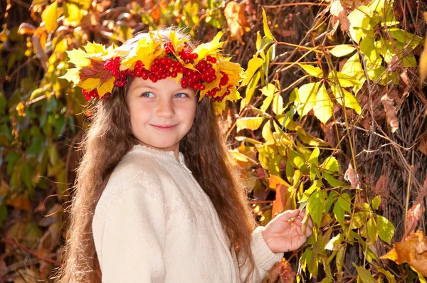 Linda chica sonriente en una corona de viburnum rojo en la cabeza y con un bouque — Foto de Stock