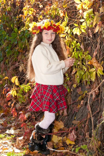 Cute smiling girl in a wreath of red viburnum on the head and with a bouque — Stock Photo, Image