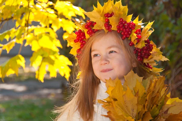 Menina sorridente bonito em uma coroa de viburno vermelho na cabeça e com um buque — Fotografia de Stock
