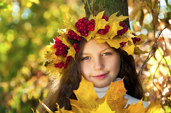 Schattige lachende meisje in een krans van rode planten van viburnum op het hoofd en met een bouque — Stockfoto