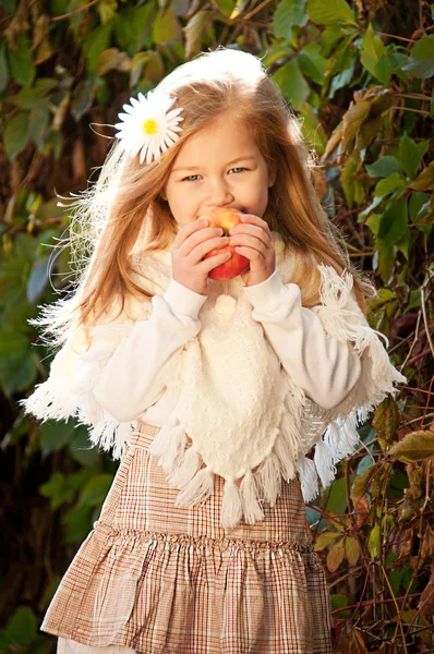 Menina loira de cabelos longos bonita com margarida branca em seu cabelo e uma cesta — Fotografia de Stock