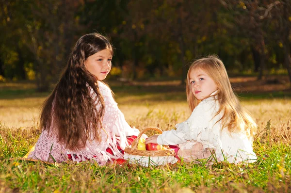 Две девушки читали книгу, сидя на траве . — стоковое фото