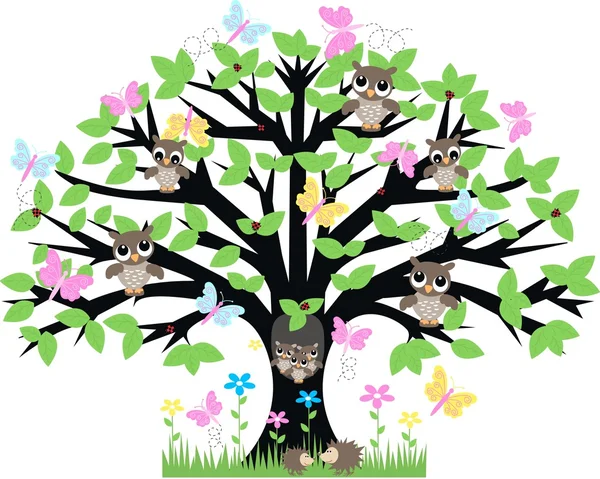 Veel van uilen in een boom — Stockvector